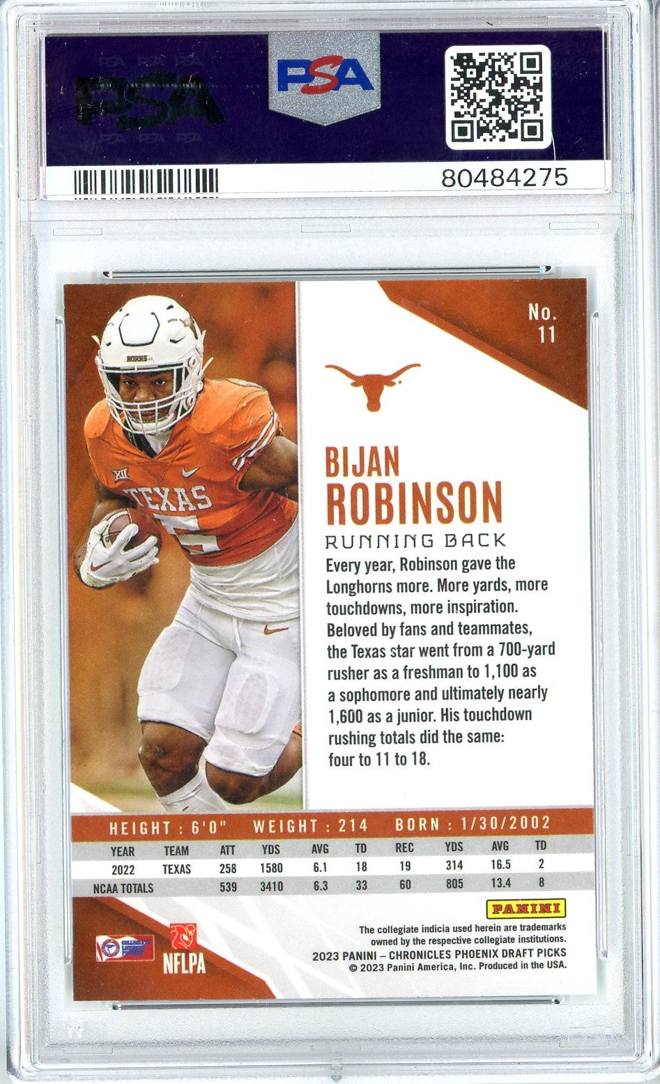 Graded 2023 Panini Chronicles DP Bijan Robinson #11 Phoenix Rookie RC Football Card PSA 10 Gem Mint