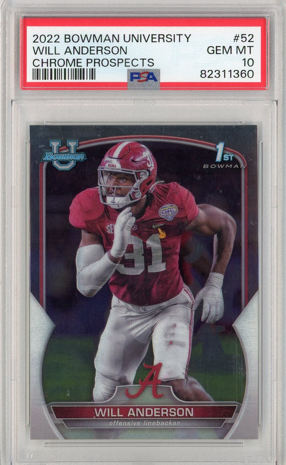 Graded 2022 Bowman University Will Anderson #52 Chrome Prospects Rookie RC Football Card PSA 10 Gem Mint