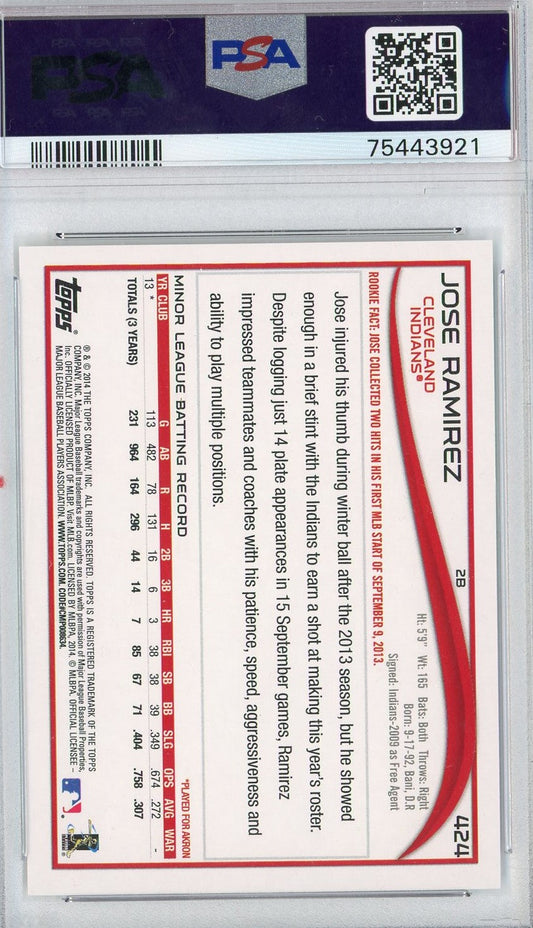 Graded 2014 Topps Jose Ramirez #424 Rookie RC Baseball Card PSA 10 Gem Mint