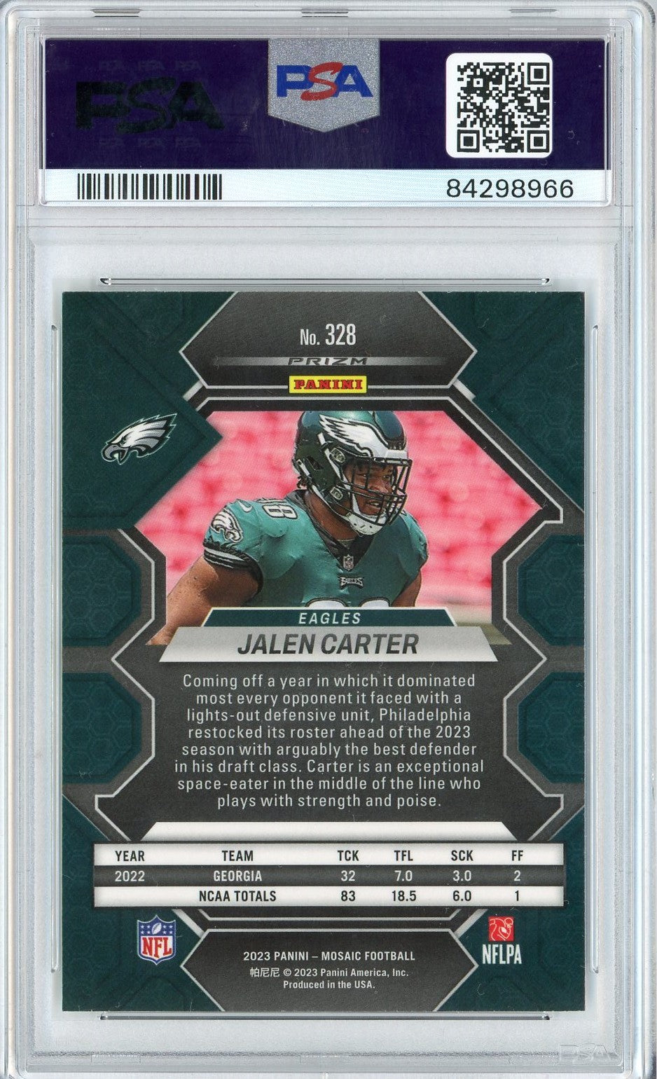 Graded 2023 Panini Mosaic Jalen Carter #328 Rookie RC Football Card PSA 10