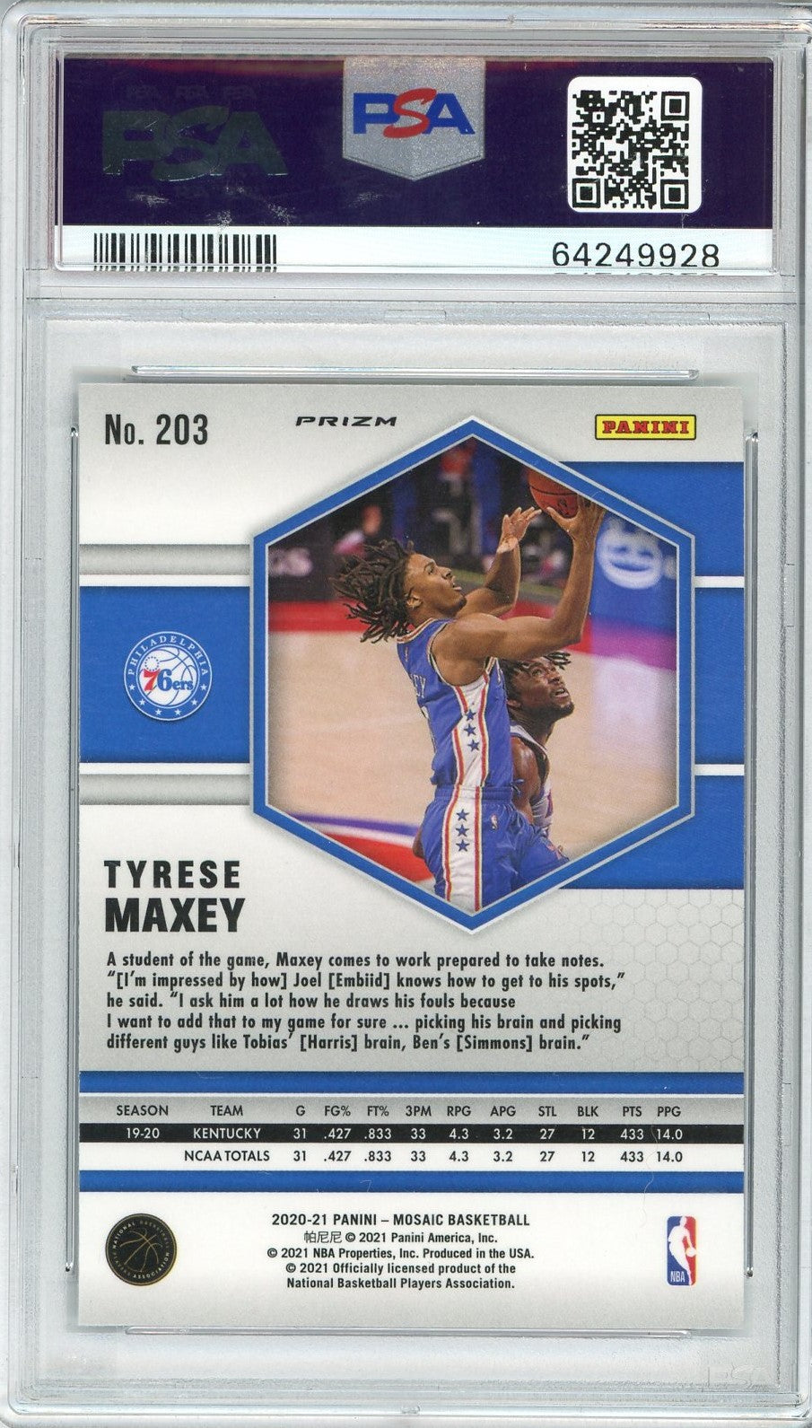 Graded 2020 Panini Mosaic Tyrese Maxey #203 Reactive Blue Rookie RC Basketball Card PSA 10 Gem Mint
