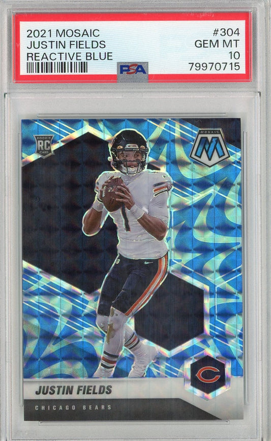 Graded 2021 Panini Mosaic Justin Fields #304 Reactive Blue Rookie RC Football Card PSA 10 Gem Mint