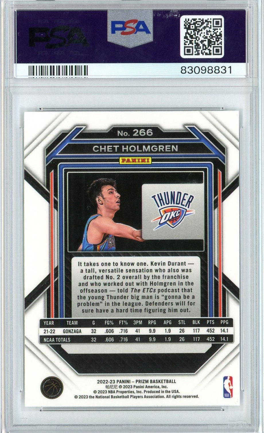 Graded 2022 Panini Prizm Chet Holmgren #266 Rookie RC Basketball Card PSA 10 Gem Mint