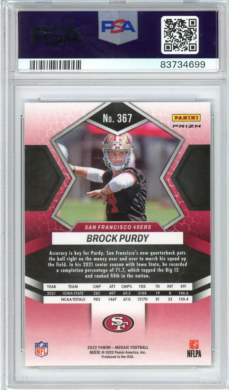 Graded 2022 Panini Mosaic Brock Purdy #367 Camo Pink Rookie RC Football Card PSA 10 Gem Mint
