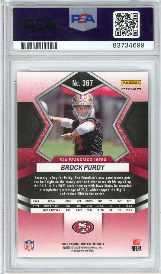 Graded 2022 Panini Mosaic Brock Purdy #367 Camo Pink Rookie RC Football Card PSA 10 Gem Mint