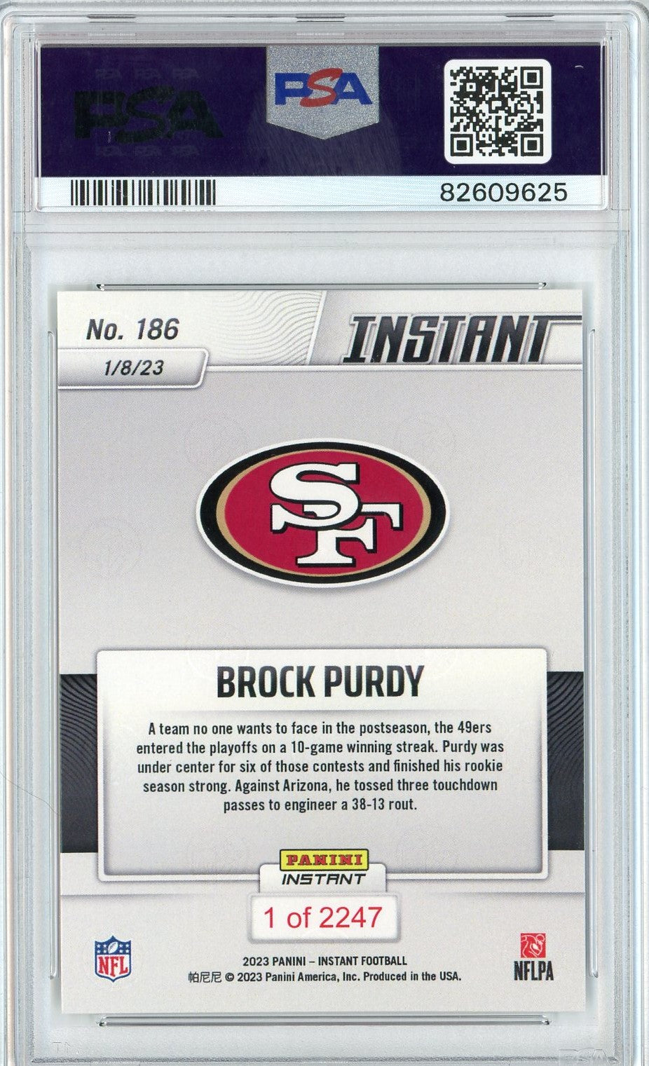 Graded 2022 Panini Instant Brock Purdy #186 Rookie RC Football Card PSA 10 Gem Mint