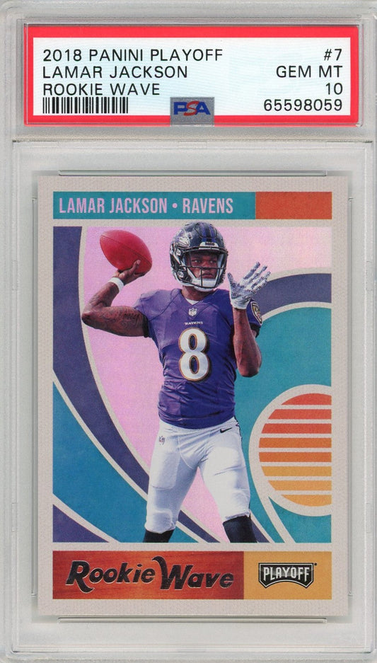 Graded 2018 Panini Playoff Lamar Jackson #7 Rookie Wave Rookie RC Football Card PSA 10 Gem Mint