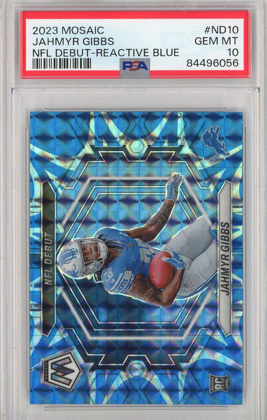 Graded 2023 Mosaic Jahmyr Gibbs #ND10 NFL Debut Reactive Blue Rookie RC Football Card PSA 10 Gem Mint