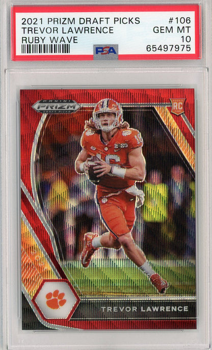 Graded 2021 Panini Prizm DP Trevor Lawrence #106 Ruby Wave Rookie RC Football Card PSA 10 Gem Mint