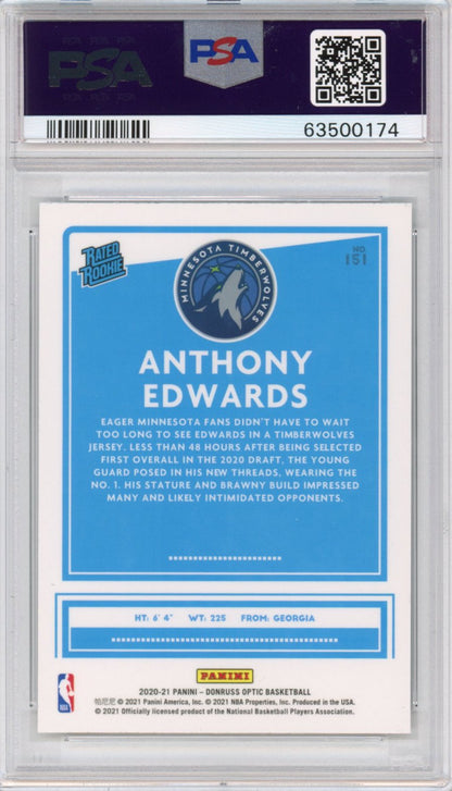 Graded 2020-21 Panini Donruss Optic Anthony Edwards #151 Rookie RC Basketball Card PSA 10 Gem Mint