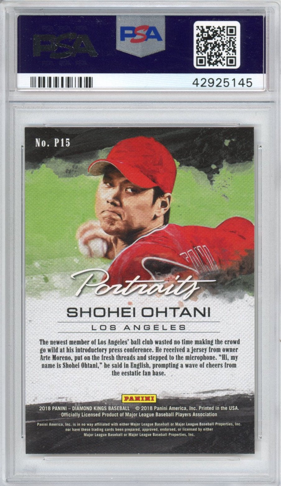 Graded 2018 Panini Diamond Kings Shohei Ohtani #P15 Portraits Rookie RC Baseball Card PSA 10 Gem Mint