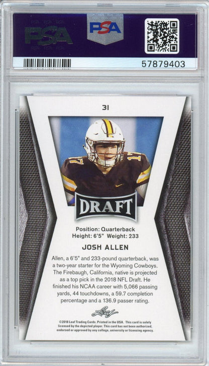 Graded 2018 Leaf Draft Josh Allen #31 Gold Rookie RC Football Card PSA 10 Gem Mint