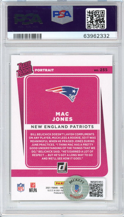 Graded 2021 Panini Donruss Mac Jones #255 AUTO Portrait Rookie RC Football Card PSA 10 Gem Mint Beckett BAS COA