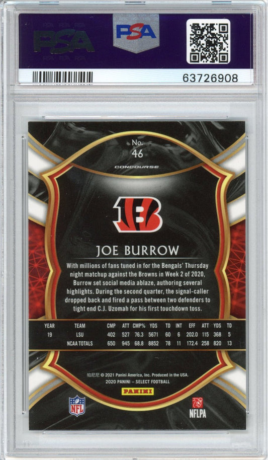 Graded 2020 Panini Select Joe Burrow #46 Concourse Rookie RC Football Card PSA 10 Gem Mint