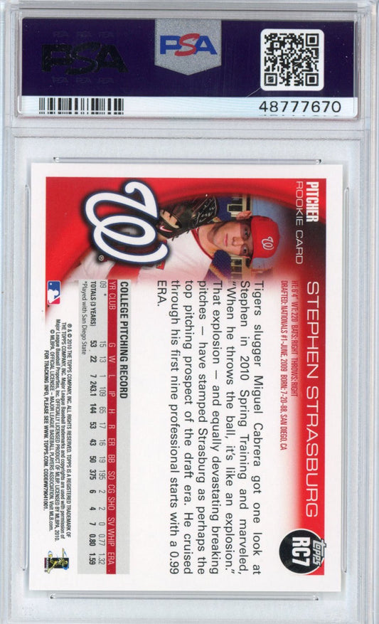 Graded 2010 Topps Holiday Stephen Strasburg #RC7 Factory Set Bonus Rookie RC Baseball Card PSA 10 Gem Mint