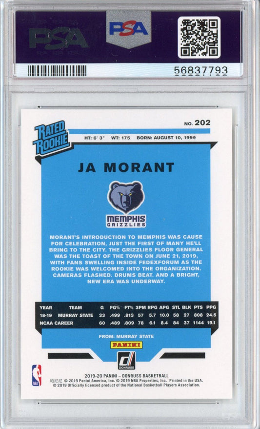 Graded 2019-20 Panini Donruss Ja Morant #202 Rated Rookie RC Basketball Card PSA 10 Gem Mint