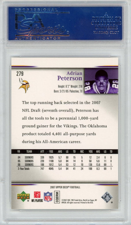 Graded 2007 Upper Deck UD Adrian Peterson #279 Rookie Exclusives RC Football Card PSA 10 Gem Mint