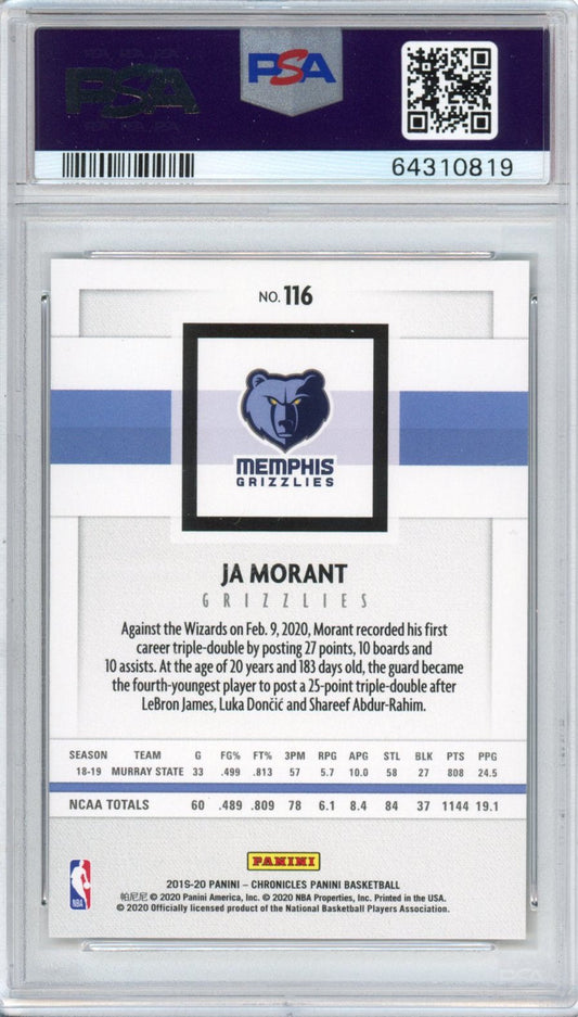 Graded 2019-20 Panini Chronicles Ja Morant #116 Young Dolph Key Glock Rookie RC Basketball Card PSA 9 Mint