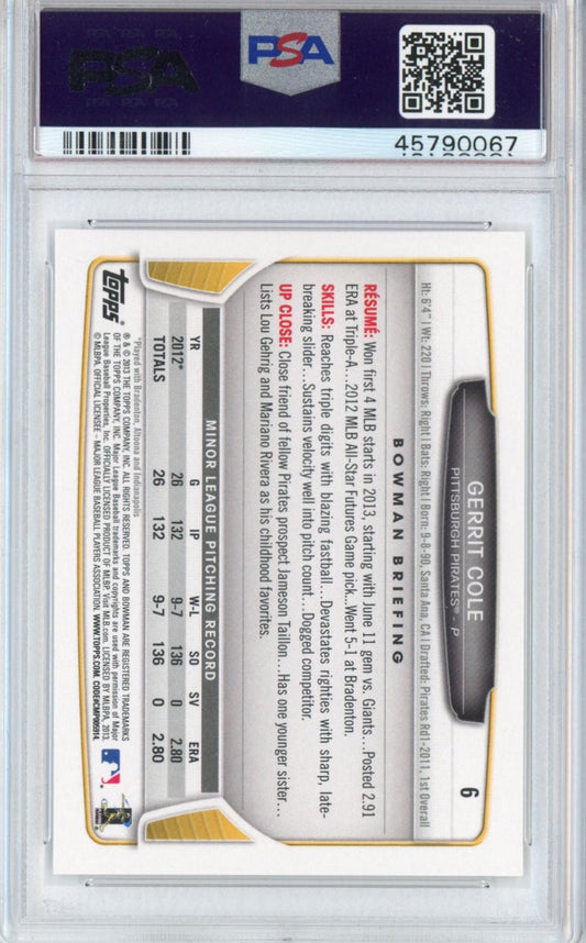 Graded 2013 Bowman Draft Picks & Prospects Gerrit Cole #6 Rookie RC Baseball Card PSA 10 Gem Mint
