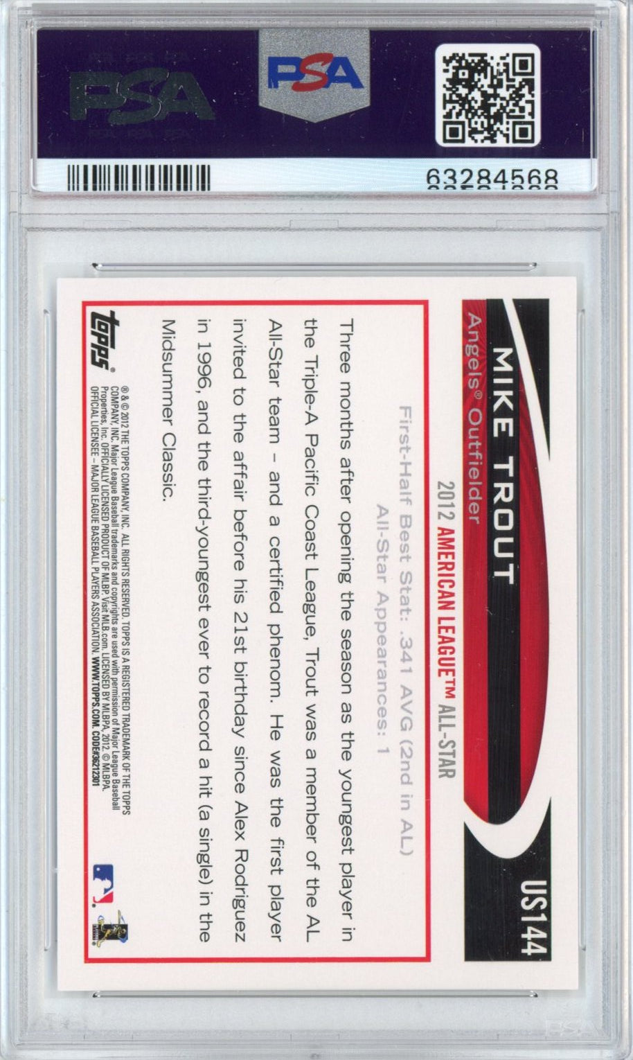 Graded 2012 Topps Update Mike Trout #US144 At Bat Rookie RC Baseball Card PSA 10 Gem Mint