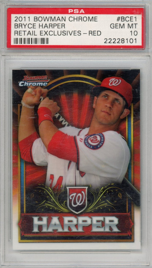 Graded 2011 Topps Bowman Chrome Bryce Harper #BCE1 Red Retail Exclusives Rookie RC Baseball Card PSA 10 Gem Mint