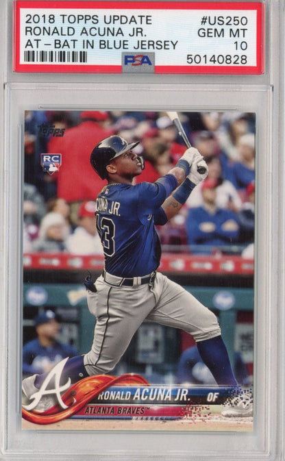 Graded 2018 Topps Update Ronald Acuna Jr. #US250 At-Bat In Blue Jersey Rookie RC Baseball Card PSA 10 Gem Mint
