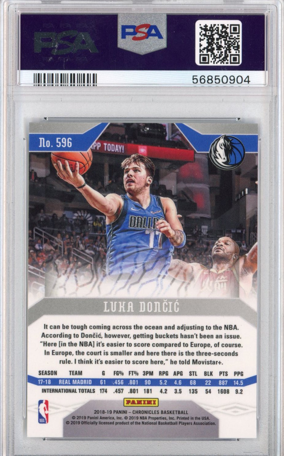 Graded 2018-19 Panini Chronicles Luka Doncic #596 Rookie RC Basketball Card PSA 10 Gem Mint