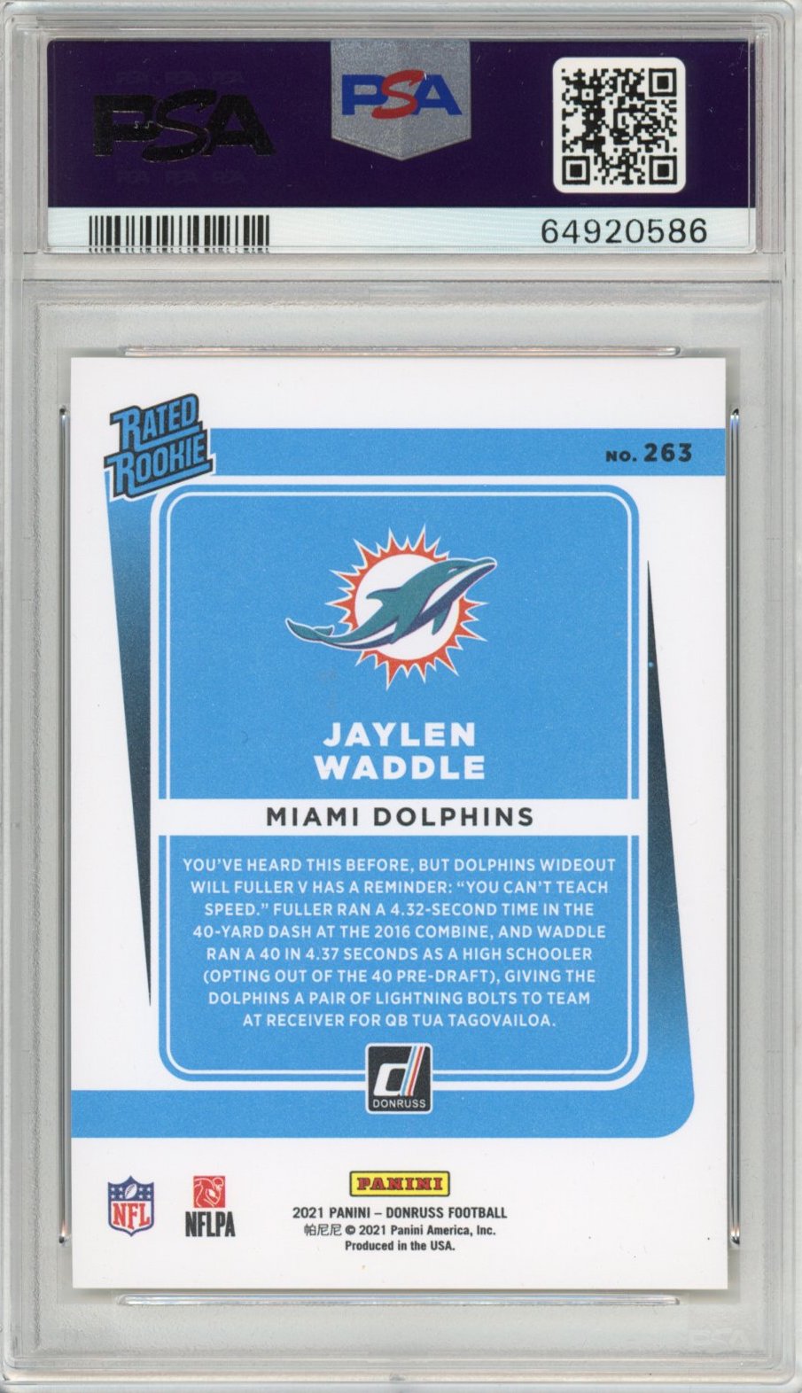 Graded 2021 Panini Donruss Jaylen Waddle #263 Press Proof Premium Rookie RC Football Card PSA 10 Gem Mint