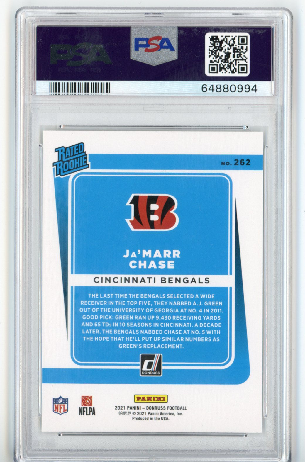 Graded 2021 Panini Donruss Ja'Marr Chase #262 Rookie RC Football Card PSA 10 Gem Mint