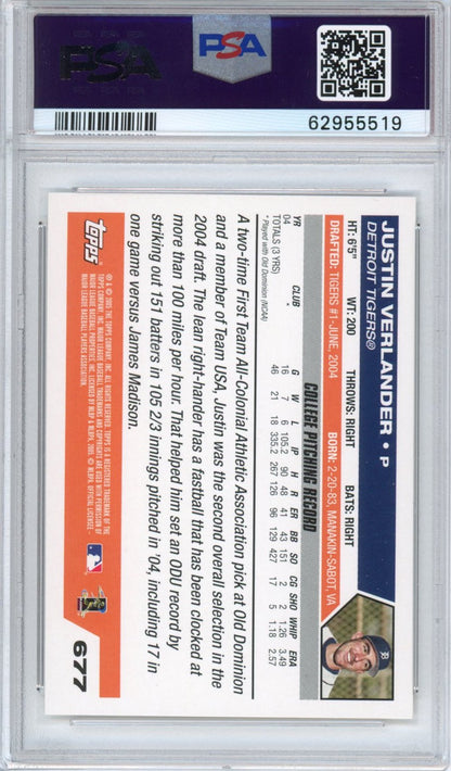 Graded 2005 Topps Justin Verlander #677 Rookie RC Baseball Card PSA 10 Gem Mint