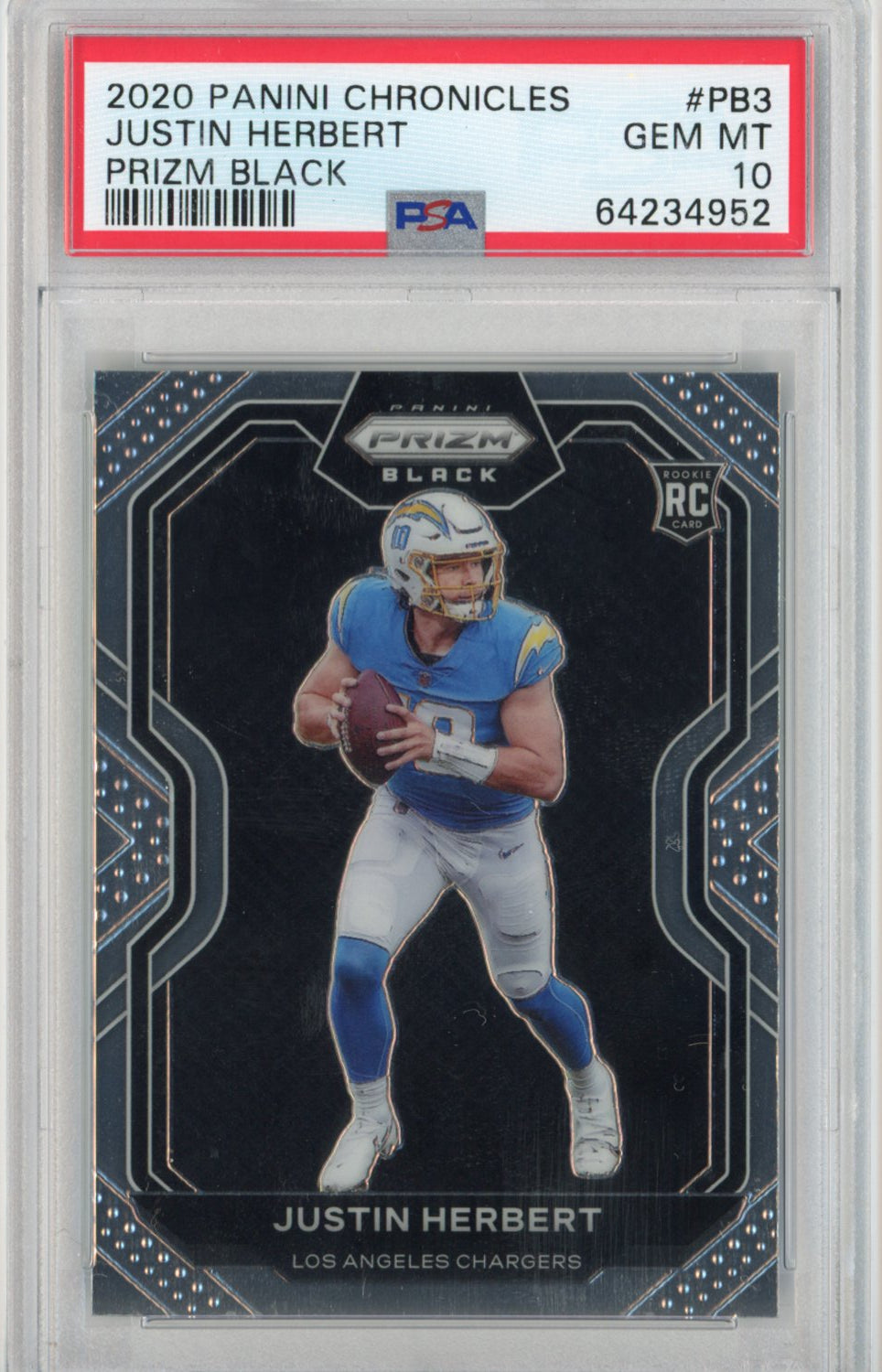 Graded 2020 Panini Chronicles Justin Herbert #PB3 Prizm Black Rookie RC Football Card PSA 10 Gem Mint