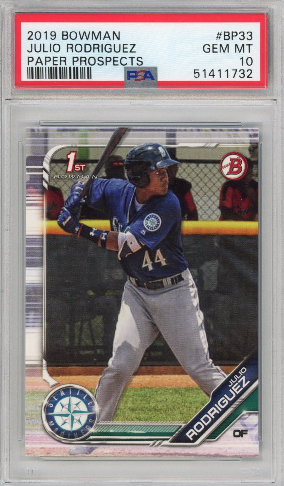 Graded 2019 Bowman Julio Rodriguez #BP33 Paper Prospects Rookie RC Baseball Card PSA 10 Gem Mint
