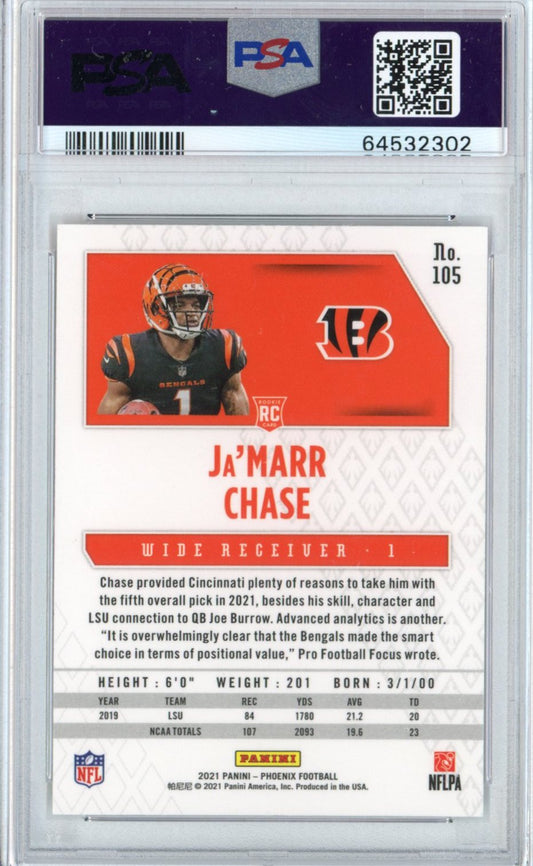 Graded 2021 Panini Phoenix Ja'Marr Chase #105 Fire Burst Rookie RC Football Card PSA 10 Gem Mint