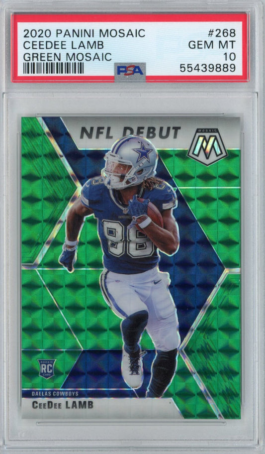 Graded 2020 Panini Mosaic CeeDee Lamb #268 Green Mosaic Rookie RC Football Card PSA 10 Gem Mint