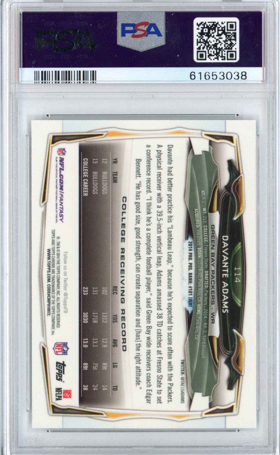 Graded 2014 Topps Chrome Davante Adams #114 Facing Forward Rookie RC Football Card PSA 10 Gem Mint