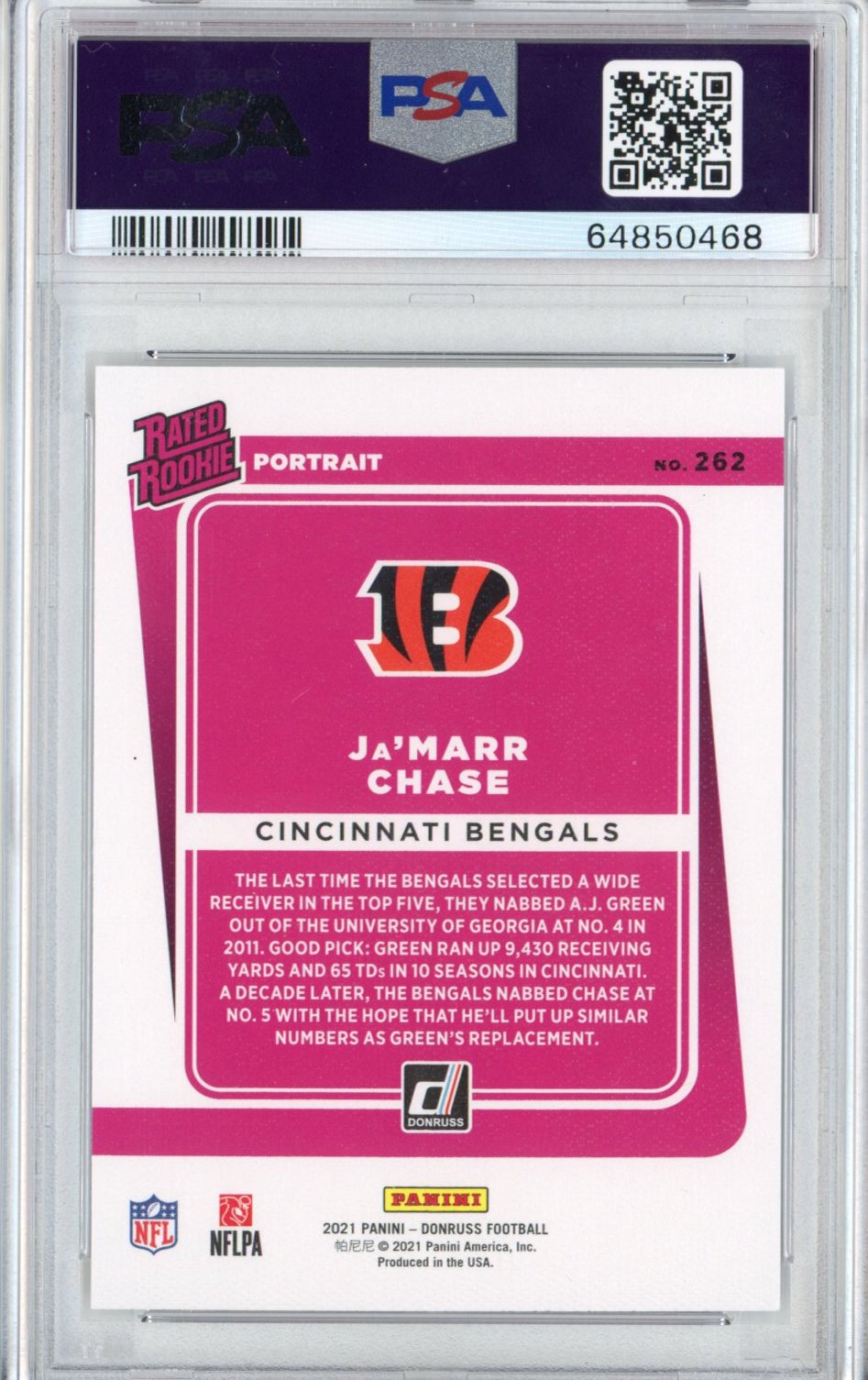 Graded 2021 Panini Donruss Ja'Marr Chase #262 Portrait Rookie RC Football Card PSA 10 Gem Mint