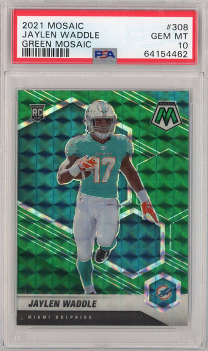 Graded 2021 Panini Mosaic Jaylen Waddle #308 Green Rookie RC Football Card PSA 10 Gem Mint