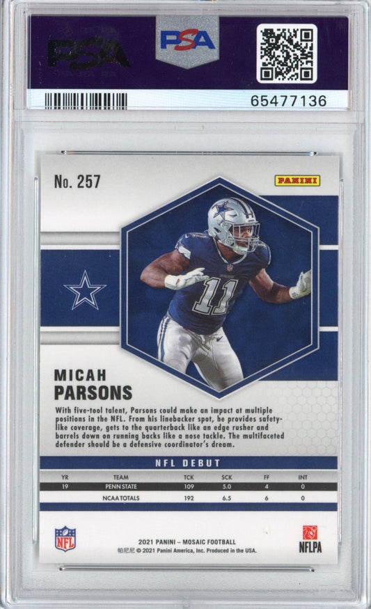 Graded 2021 Panini Mosaic Micah Parsons #257 Rookie RC Football Card PSA 10 Gem Mint