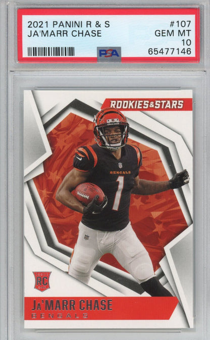 Graded 2021 Panini Rookies & Stars Ja'Marr Chase #107 Rookie RC Football Card PSA 10 Gem Mint