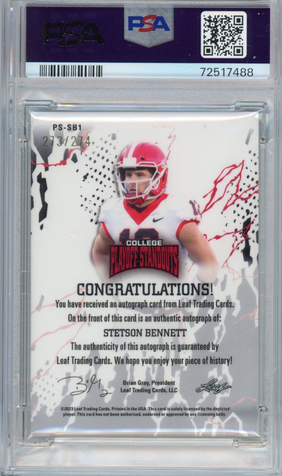 Graded 2023 Leaf College Playoff Standouts Stetson Bennett #SB1 Autographed  #/274 Rookie RC Football Card PSA/DNA 9 Mint Auto Grade 10