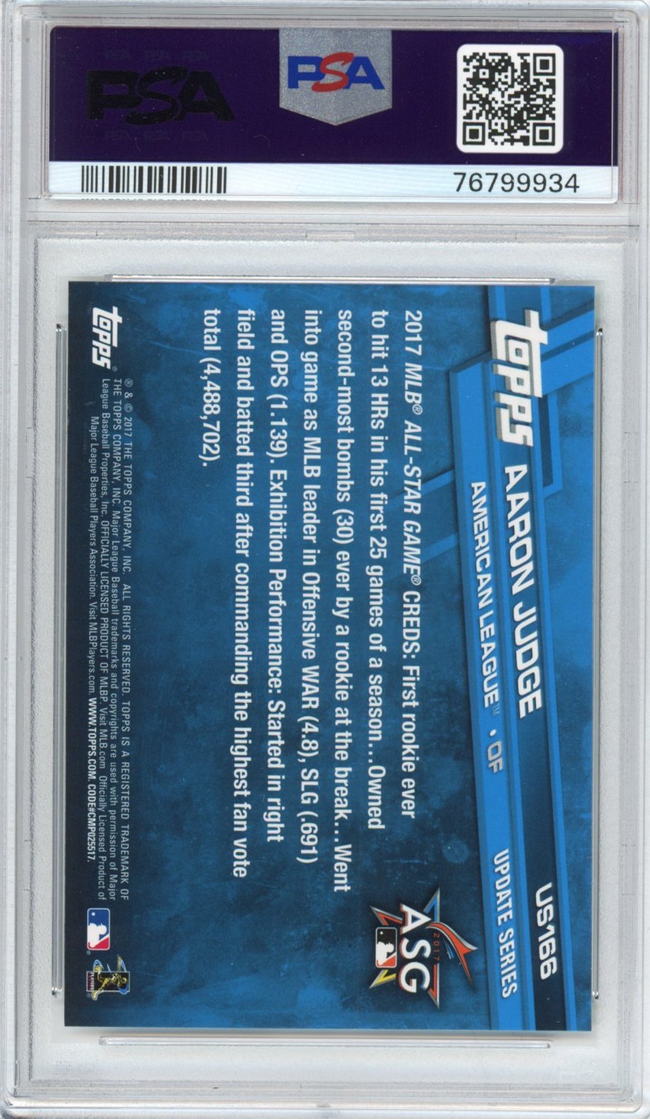 Graded 2017 Topps Update Aaron Judge #US166 Throwing Rookie RC Baseball Card PSA 10 Gem Mint