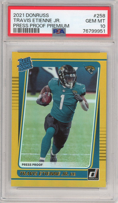 Graded 2021 Panini Donruss Travis Etienne Jr. #258 Press Proof Premium Rated Rookie RC Football Card PSA 10 Gem Mint