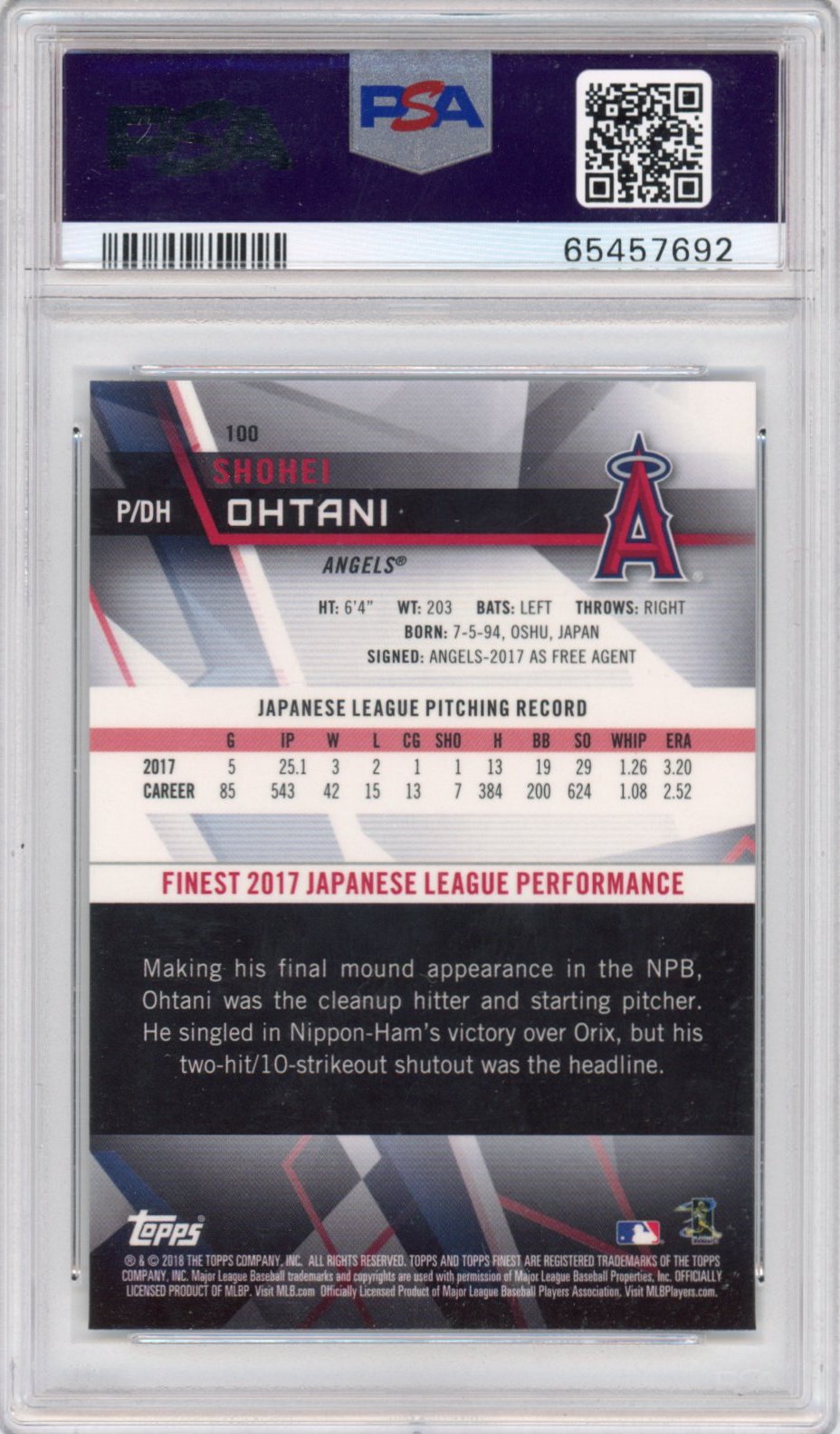 Graded 2018 Topps Finest Shohei Ohtani #100 Rookie RC Baseball Card PSA 10 Gem Mint