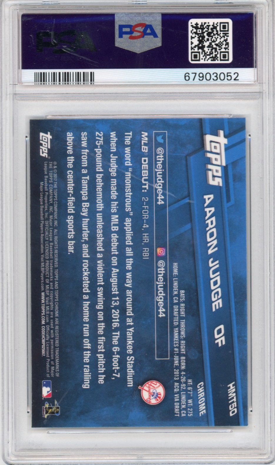 Graded 2017 Topps Chrome Aaron Judge #HMT50 Update Rookie RC Baseball Card PSA 10 Gem Mint