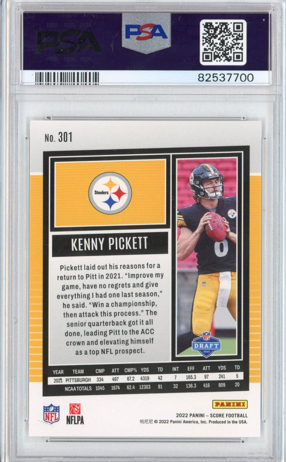 Graded 2022 Panini Score Kenny Pickett #301 Rookie RC Football Card PSA 10 Gem Mint