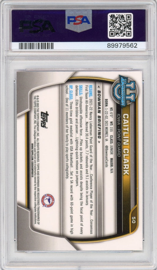 Graded 2022 Topps Bowman University Caitlin Clark #50 Pink Refractor Rookie RC Basketball Card PSA 9 Mint