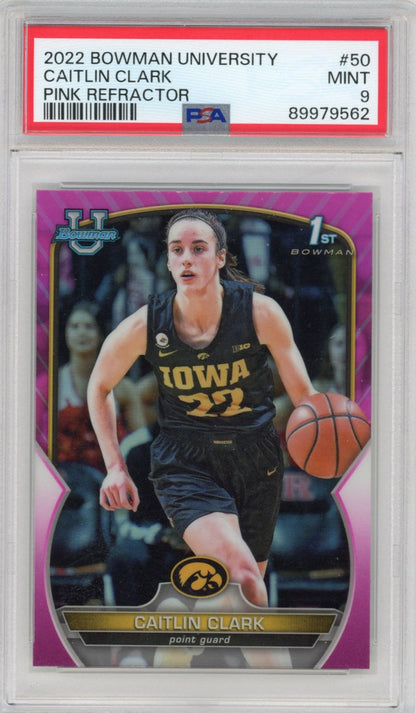 Graded 2022 Topps Bowman University Caitlin Clark #50 Pink Refractor Rookie RC Basketball Card PSA 9 Mint