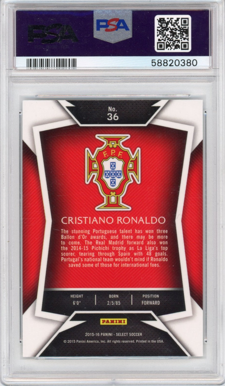 Graded 2015 Panini Select Cristiano Ronaldo #36 White Jersey Soccer Card PSA 10 Gem Mint
