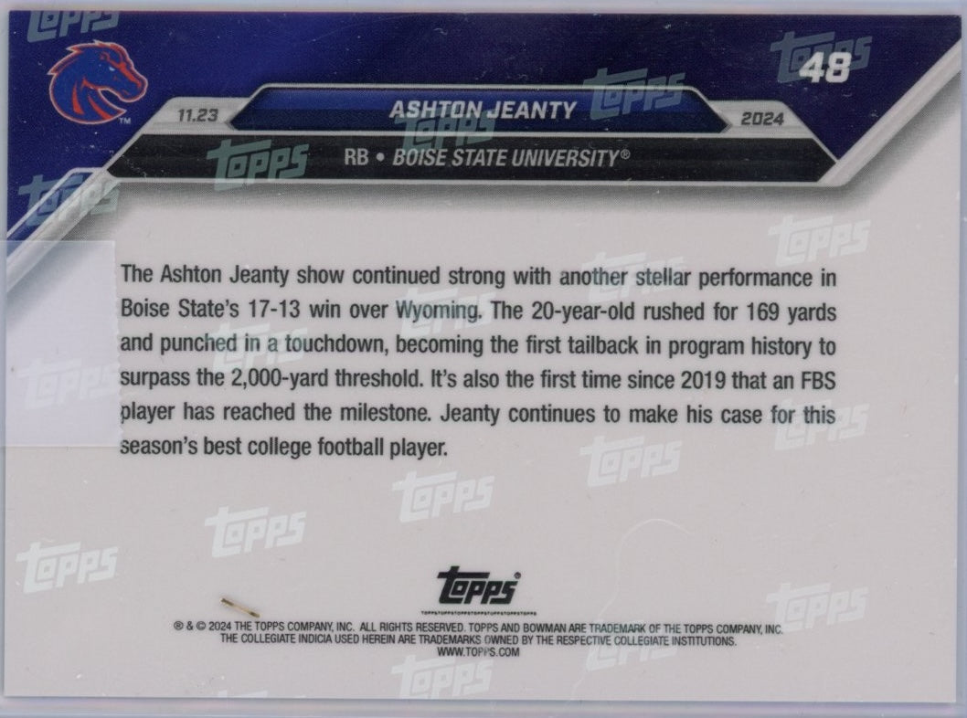 2024 Topps Bowman U Now Ashton Jeanty #48 Blue #/49 Boise State Broncos Rookie RC Football Card