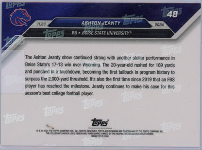2024 Topps Bowman U Now Ashton Jeanty #48 Blue #/49 Boise State Broncos Rookie RC Football Card